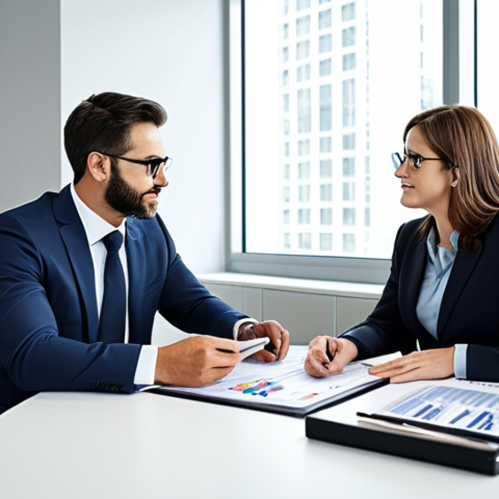 **A financial advisor meeting with a client in a modern office.** The advisor is explaining investment options using charts and graphs. Both are fully clothed in professional business attire. The scene emphasizes trust and financial planning. Safe for work, appropriate content, professional, modest. Perfect anatomy, natural proportions, high quality.