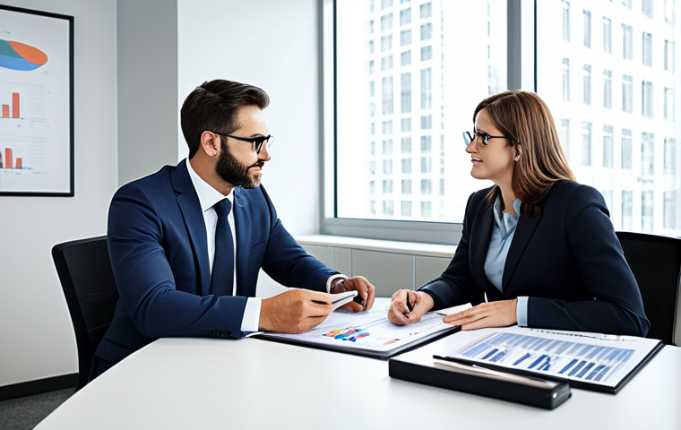 **A financial advisor meeting with a client in a modern office.** The advisor is explaining investment options using charts and graphs. Both are fully clothed in professional business attire. The scene emphasizes trust and financial planning. Safe for work, appropriate content, professional, modest. Perfect anatomy, natural proportions, high quality.
