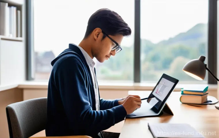 펀드투자상담사 시험 준비에 적합한 어플 - **Prompt: "A young adult student, focused and determined, is comfortably seated at a modern, clean d...