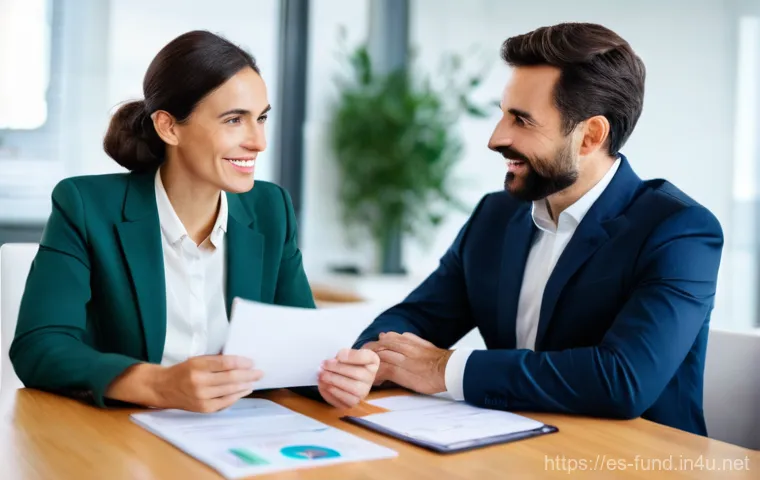 펀드투자상담사와 금융 시장 변화 사례 - **Prompt:** A diverse group of three Spanish individuals (two women and one man, aged 30-45), all mo...