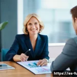 펀드투자상담사로서의 경력 전환 사례 - A warm and approachable female financial advisor, in her late 30s, dressed professionally in a styli...