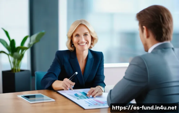 펀드투자상담사로서의 경력 전환 사례 - A warm and approachable female financial advisor, in her late 30s, dressed professionally in a styli...